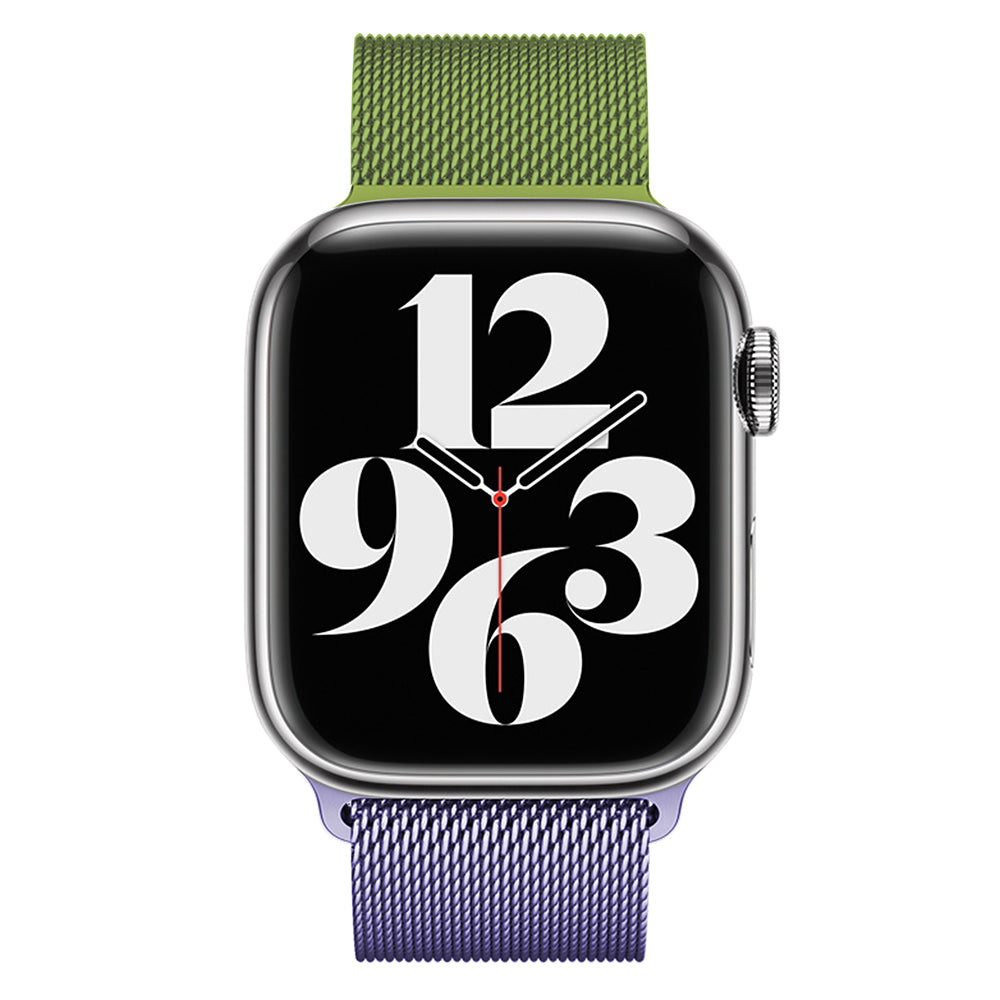 For Apple Watch Ultra / Ultra 2 49mm / 9 8 7 45mm / 6 5 4 SE (2022) SE (2023) SE 44mm / 3 2 1 42mm Milanese Mesh Watchband - Purple+Green For Apple Watch Ultra / Ultra 2 49mm / 9 8 7 45mm / 6 5 4 SE (2022) SE (2023) SE 44mm / 3 2 1 42mm Milanese Mesh Watchband - Purple+Green